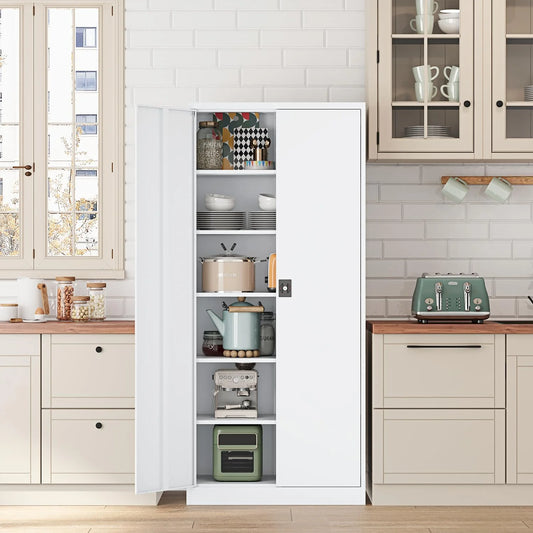Fesbos Metal Garage Storage Cabinet,71" H Tall White Cabinet with 2 Doors and 5 Adjustbale Shelves,Lockable Tool Cabinet for Garage, Basement, Home Office