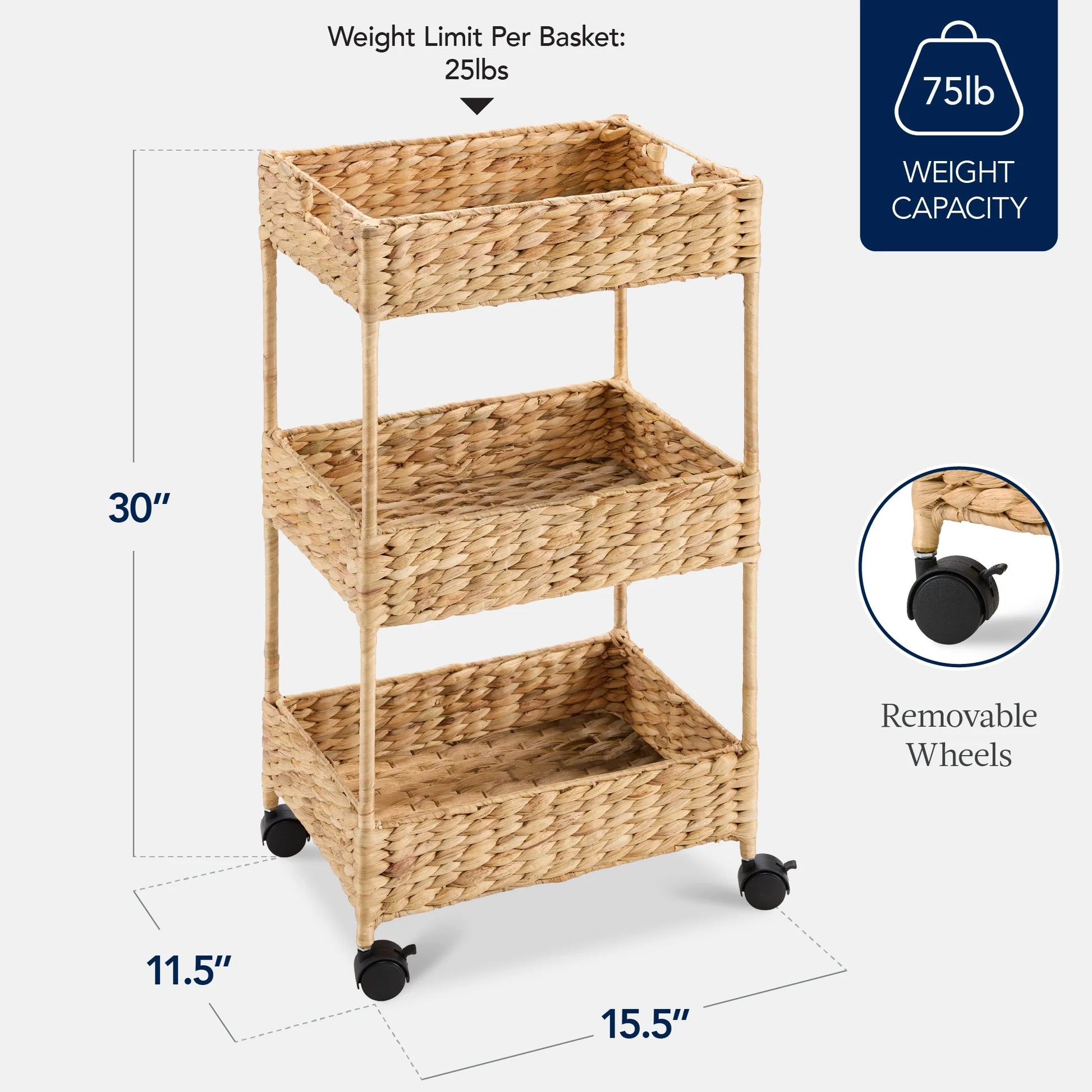 Best Choice Products 3-Tier Water Hyacinth Rolling Nursery Caddy w/Wheels, Utility Cart, Storage Organization - Natural