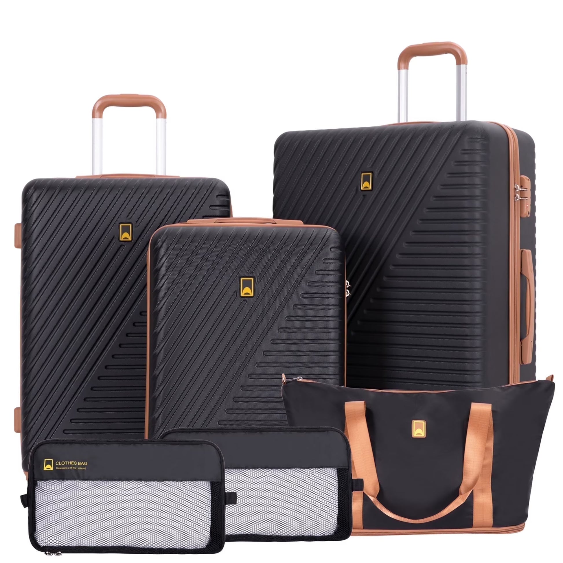 Landisun Luggage Sets 6 Piece Hardshell ABS Suitcase Set with TSA Lock, Travel Luggage with Portable Bag, Black