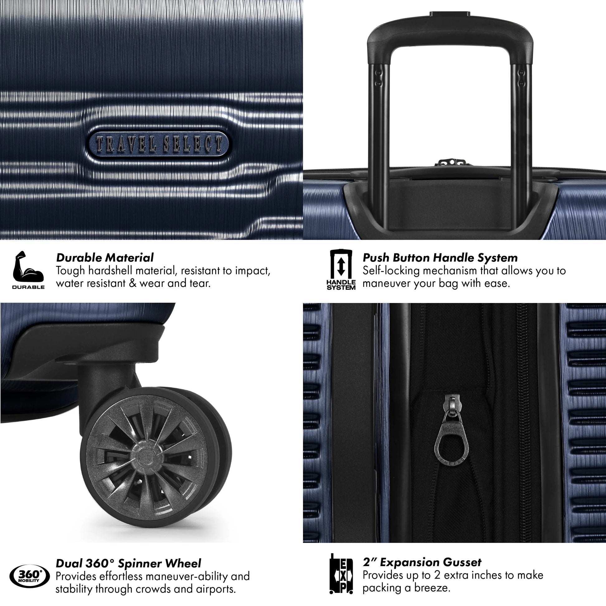 Travel Select Sunny Side Hardside Spinner Luggage with Spinner Wheels, Navy, 30" Large Checked