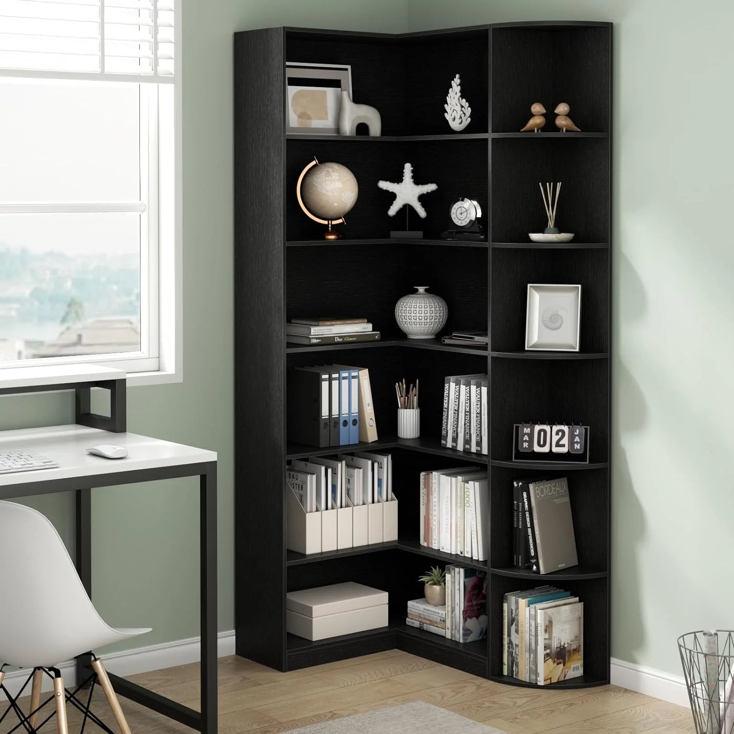 Loomie Bookshelves, 6 Tiers Shelf Large Tall Corner Etagere Bookcase with Full Baffle, L-Shaped Modern Storage Display Industrial Book Shelf for Bedroom, Home Office, Living Room & Kitchen
