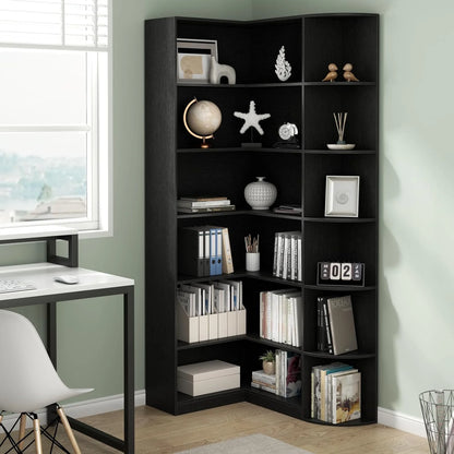 Loomie Bookshelves, 6 Tiers Shelf Large Tall Corner Etagere Bookcase with Full Baffle, L-Shaped Modern Storage Display Industrial Book Shelf for Bedroom, Home Office, Living Room & Kitchen