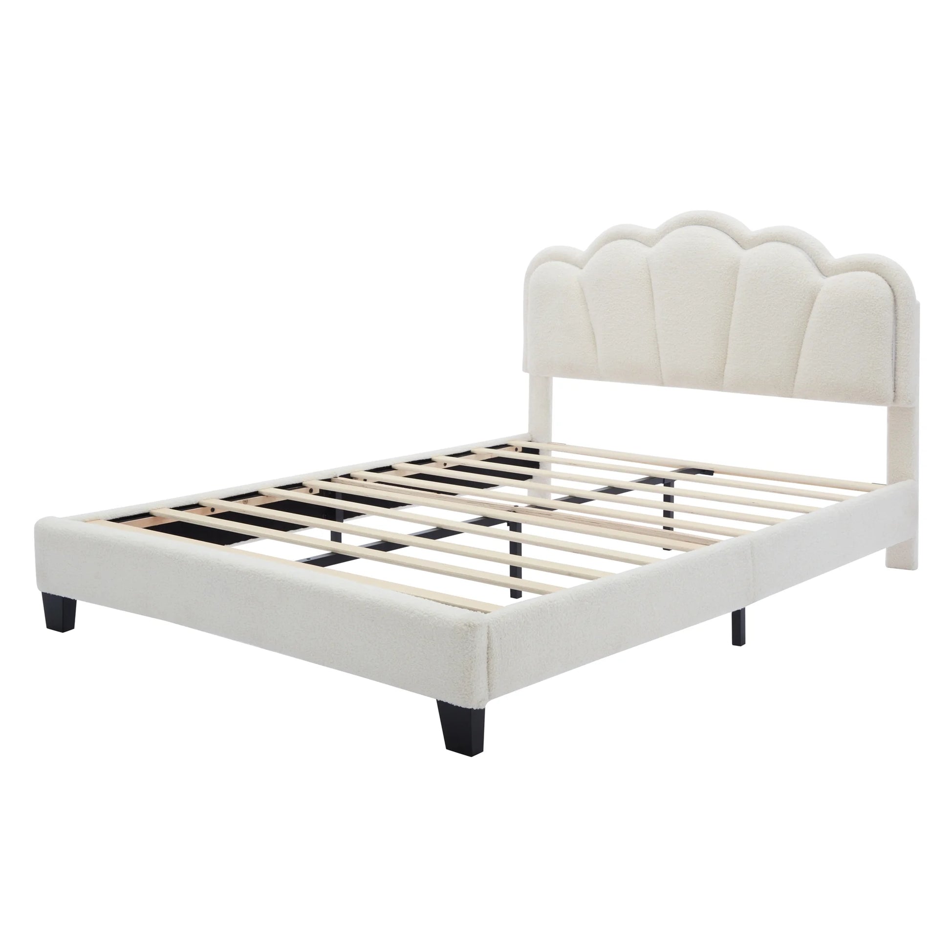 Euroco Upholstery Full Size Platform Bed with Flower-Shaped Headboard and LED Light for Kids Bedroom, Beige