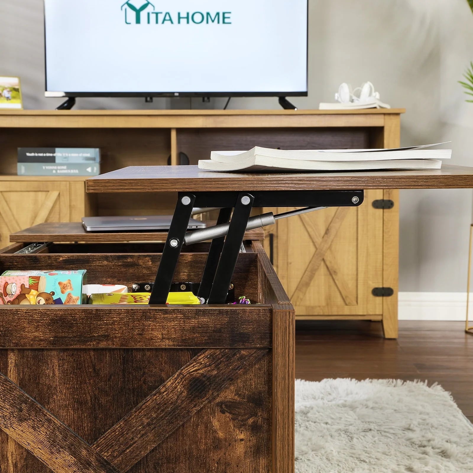 YITAHOME Split Lift Top Coffee Table with Hidden Storage and Open Shelves for Living Room Home Office, Brown