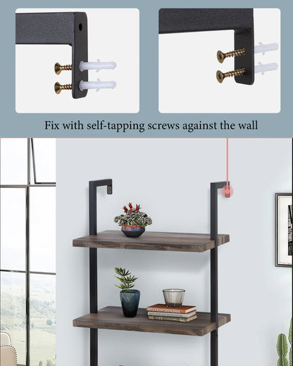 FDW 4-Shelf Bookcase Open Wall Mount Ladder Bookshelf with Industrial Metal Frame For Home Office Study, 60-inch