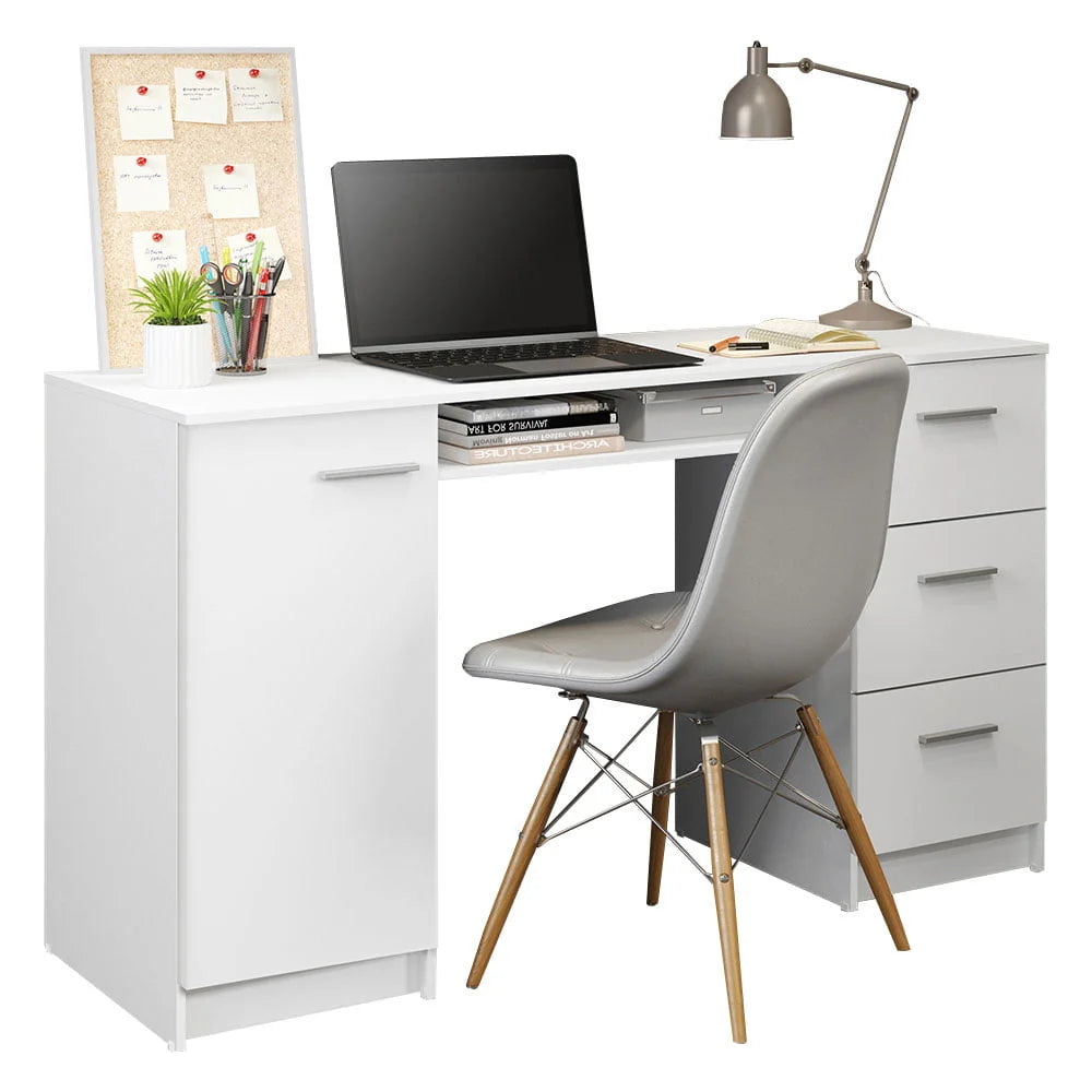 Madesa Modern Office Desk with Drawers 53 inch, Study Desk for Home Office, PC Table with 3 Drawers, 1 Door and 1 Storage Shelf (White)