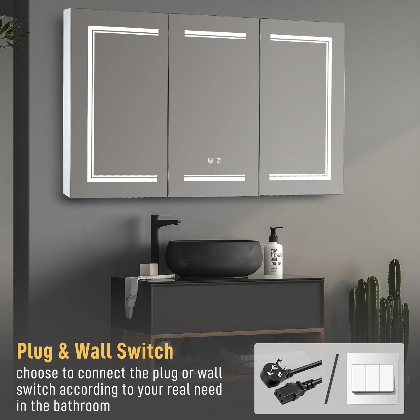 Ktaxon 48"x28" LED Bathroom Mirror Cabinet with Lights, Wall-Mounted Medicine w/Defogger, Dimmable, Memory function, Outlets & USB, White