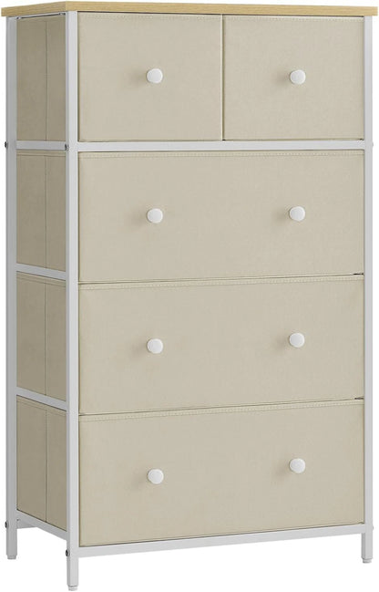 SONGMICS 5 Fabric Drawers Dresser Storage Tower with Unit for-Living-Room Hallway-Nursery Camel Yellow + Cream White