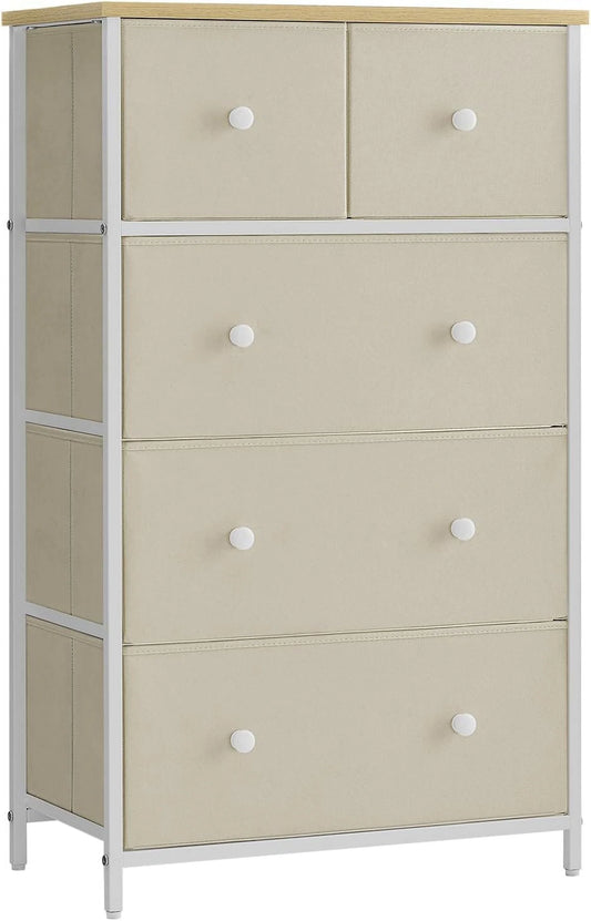SONGMICS 5 Fabric Drawers Dresser Storage Tower with Unit for-Living-Room Hallway-Nursery Camel Yellow + Cream White