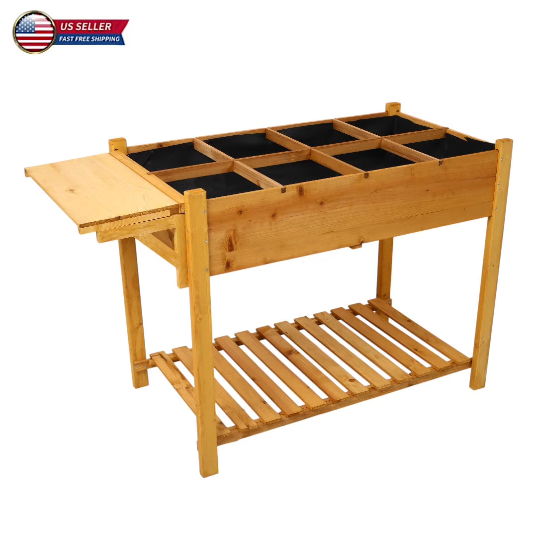 IVV Elevated Wooden Raised Garden Bed - 8 Grid Planter Box with Folding Side Table and Storage Shelf, Fabric Liner & Drainage Holes for Vegetables, Herbs, and Flowers - Dark Brown