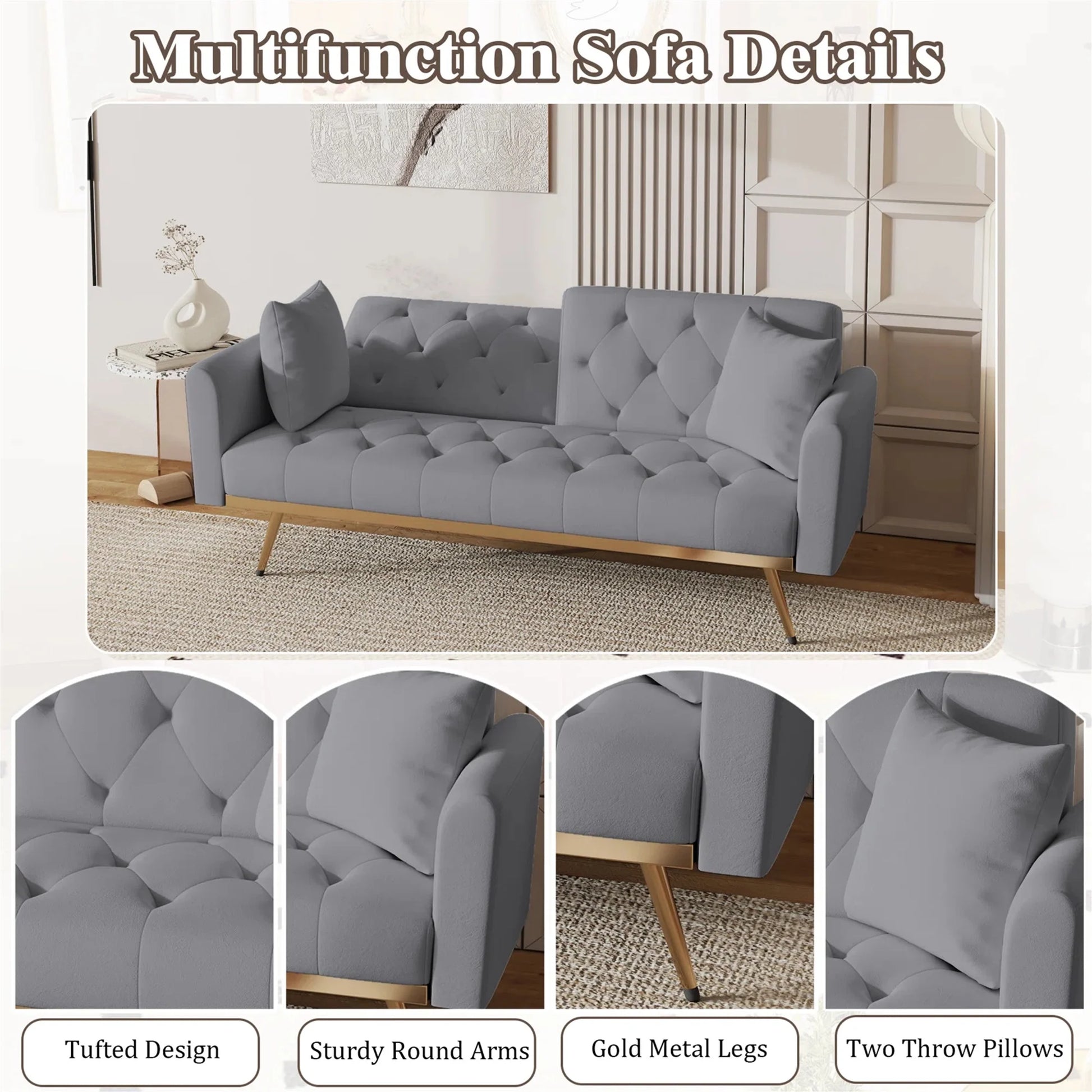 Aukfa Velvet Futon Convertible Sofa Bed for Home Office, 2 Pillows, Upgraded Metal Base, Gray