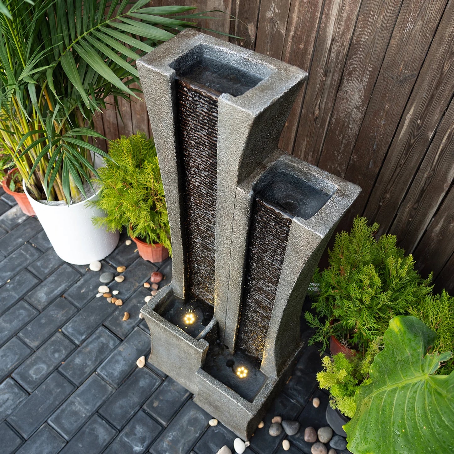 39.76''H Water Fountain Outdoor Indoor 2 Columns Waterfall Garden Fountains Modern Floor-Standing Water Feature with LED Light and Pump for Home Office Garden Patio
