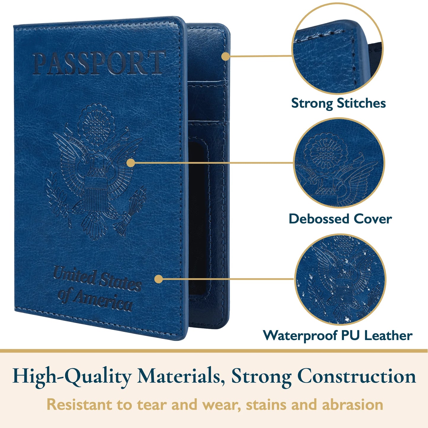 ComfiTime Passport Holder Slim Passport Wallet with Vaccine Card Holder and Credit Card Slots, 2 Bonus Travel Luggage Tags, Waterproof PU Leather Passport Cover/Case, Navy Blue