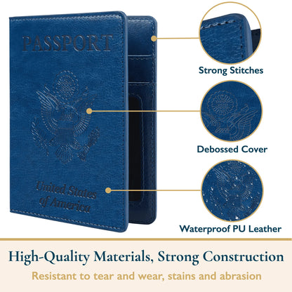 ComfiTime Passport Holder Slim Passport Wallet with Vaccine Card Holder and Credit Card Slots, 2 Bonus Travel Luggage Tags, Waterproof PU Leather Passport Cover/Case, Navy Blue