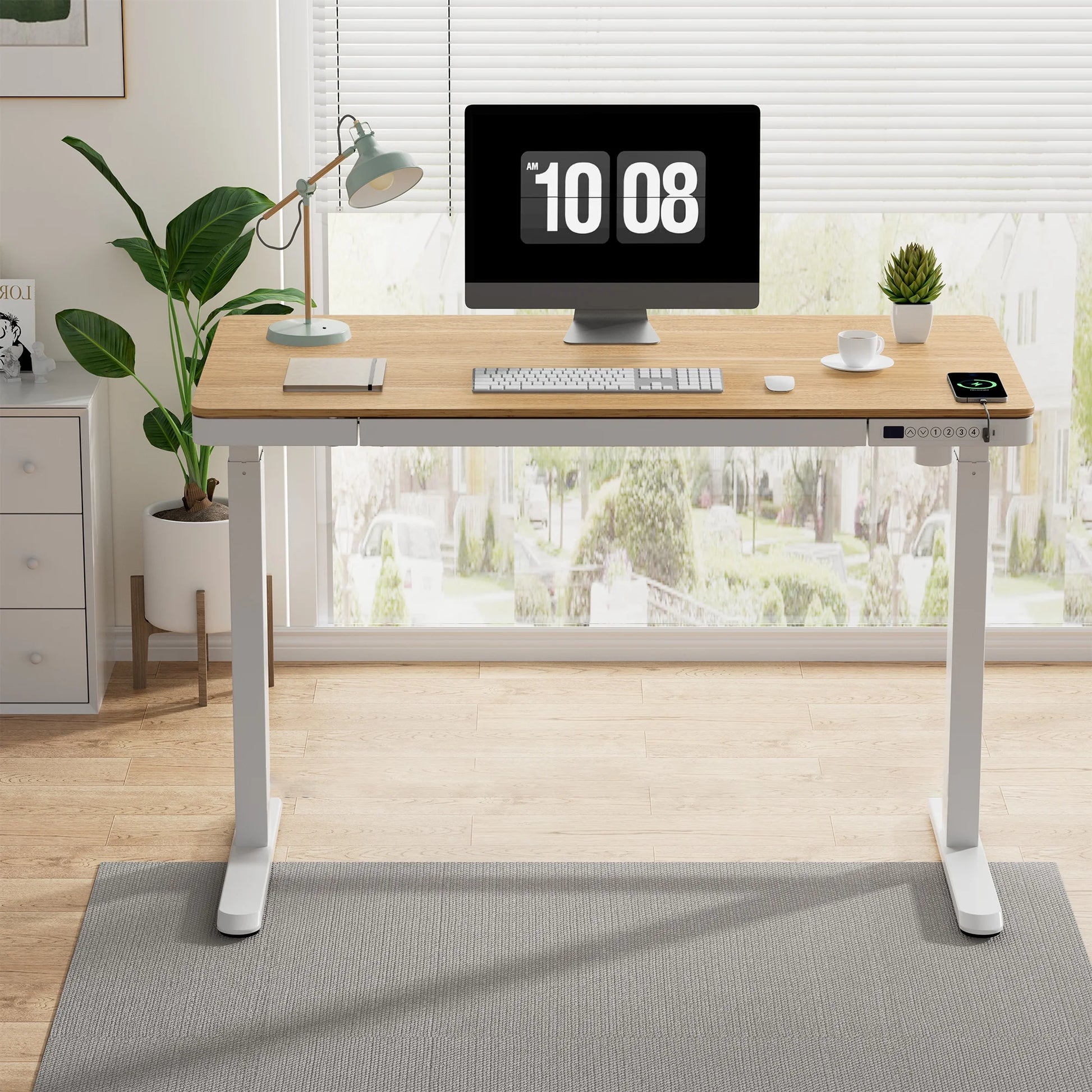 FLEXISPOT 48" W Home Office Height Adjustable Standing Desk White and Maple with USB Charge Ports and Embedded Drawer