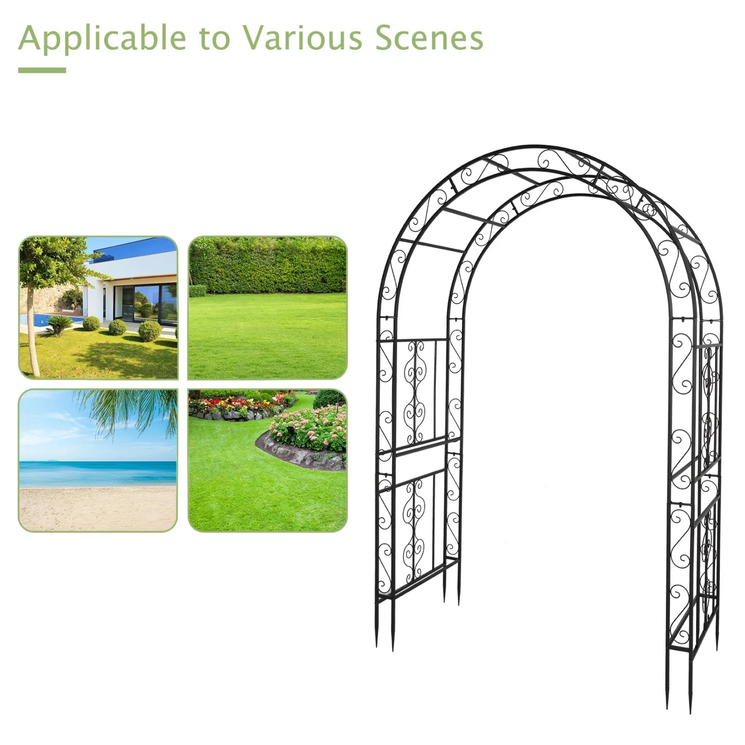 84" Tall Double Layer Iron Garden Arch Trellis, Black, Powder Coated Rustproof Plant Support for Climbing Roses, Vines and Flowers, Decorative Outdoor Wedding Arbor with Easy Ground Stakes