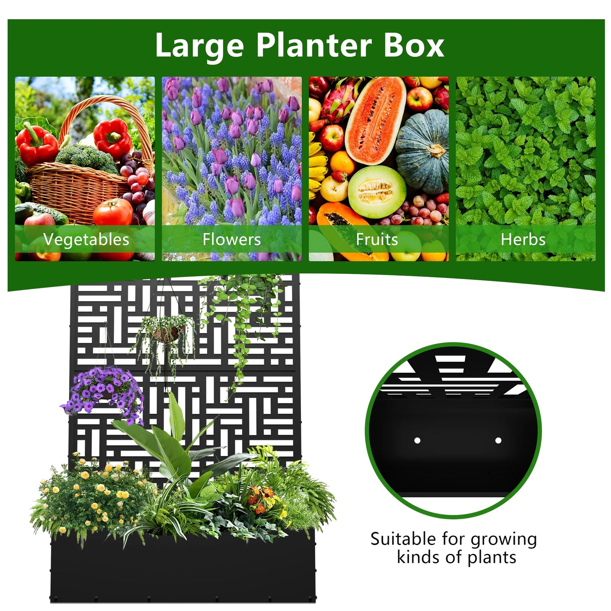 FOOWIN 71'' H Metal Planter with Trellis, Outdoor Raised Garden Bed for Climbing Plants, Trellis Planter Box with Drainage Hole, Black
