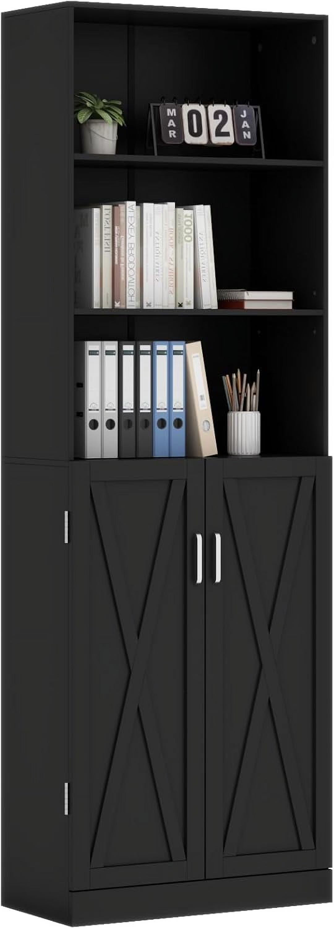 Loomie Industrial Boolshelf with Door, 6 Tier Farmhouse Book Shelf with Adjustable Shelves,70" Tall Display Etagere Bookcase,Floor Standing Unit Book Case Furniture for Home Office,Living Room (Black)