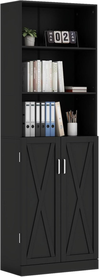 Loomie Industrial Boolshelf with Door, 6 Tier Farmhouse Book Shelf with Adjustable Shelves,70" Tall Display Etagere Bookcase,Floor Standing Unit Book Case Furniture for Home Office,Living Room (Black)