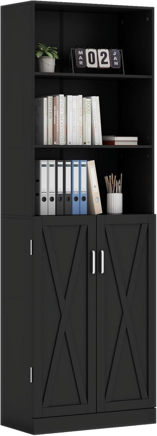 Loomie Industrial Boolshelf with Door, 6 Tier Farmhouse Book Shelf with Adjustable Shelves,70" Tall Display Etagere Bookcase,Floor Standing Unit Book Case Furniture for Home Office,Living Room (Black)