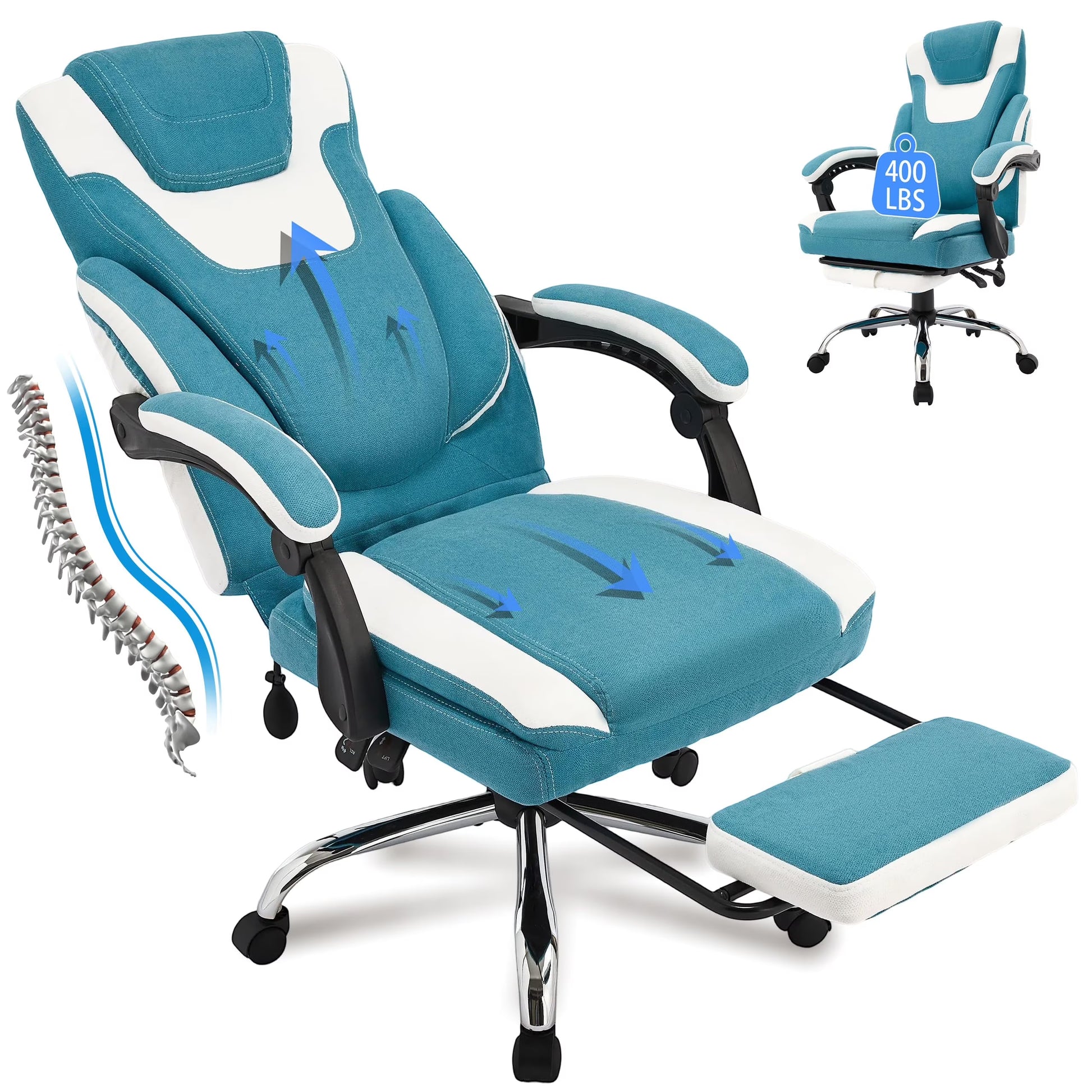 JONPONY Big and Tall Office Chair 400lbs, Executive Reclining Office Chairs with Footrest, High Back Home Office Chair Thick Padded Armrests, Ergonomic Adjustable Lumbar Support, PinkWhite