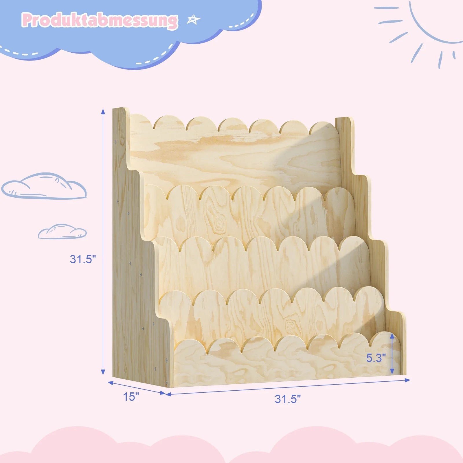 Montessori Wood Kids Bookshelf - Scalloped 4-Tier Front-Facing Book Display, Nursery Organizer for Toddler/Baby Books & Toys, Gender-Neutral Classroom Playroom Storage