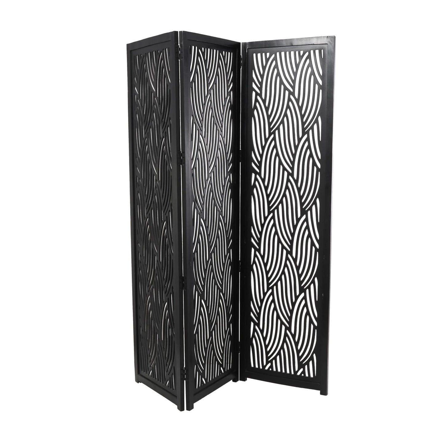 DecMode 60" x 72" Black Mango Wood Abstract Wavy Cutout 3 Panel Room Divider Screen, 1-Piece