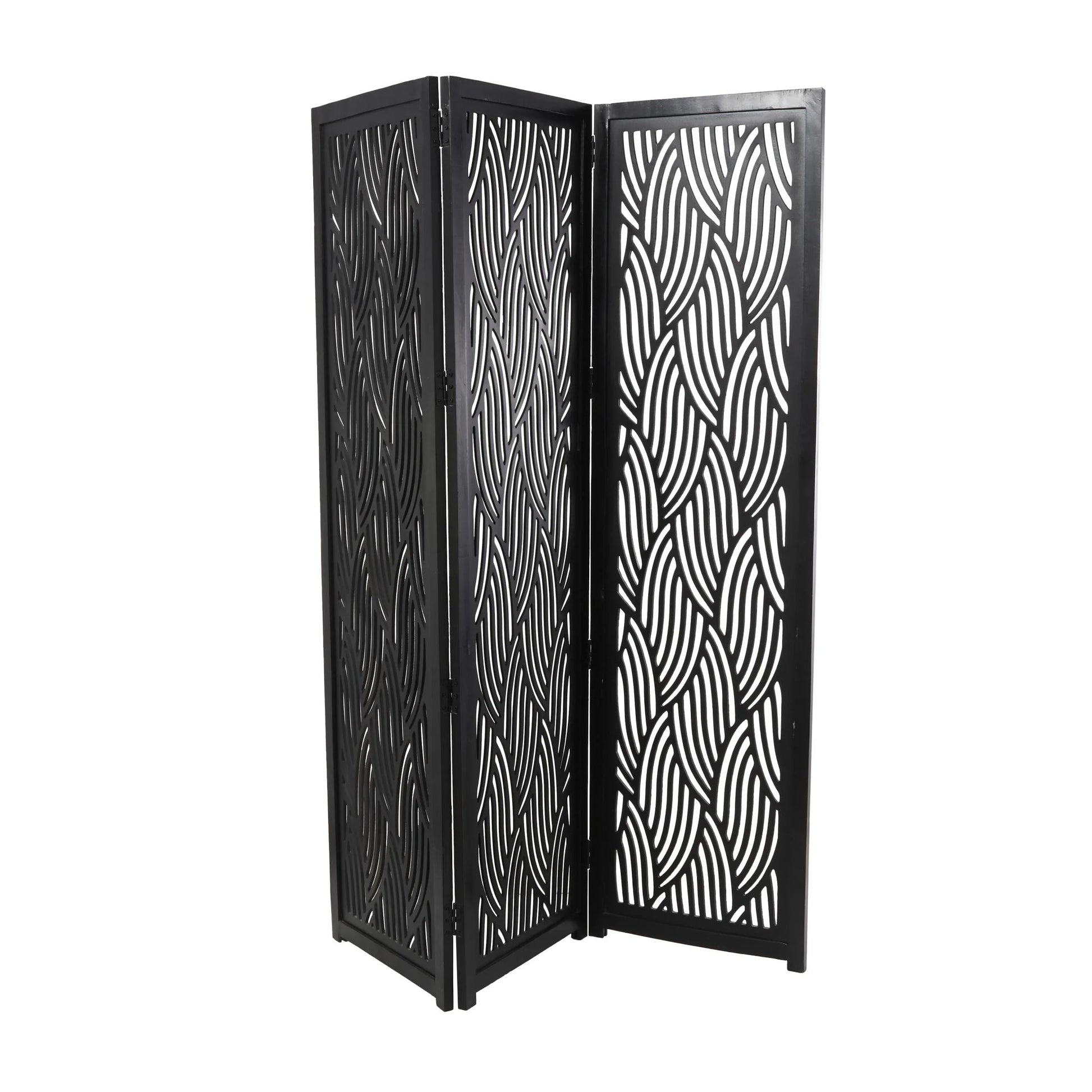DecMode 60" x 72" Black Mango Wood Abstract Wavy Cutout 3 Panel Room Divider Screen, 1-Piece