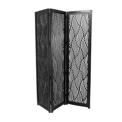 DecMode 60" x 72" Black Mango Wood Abstract Wavy Cutout 3 Panel Room Divider Screen, 1-Piece