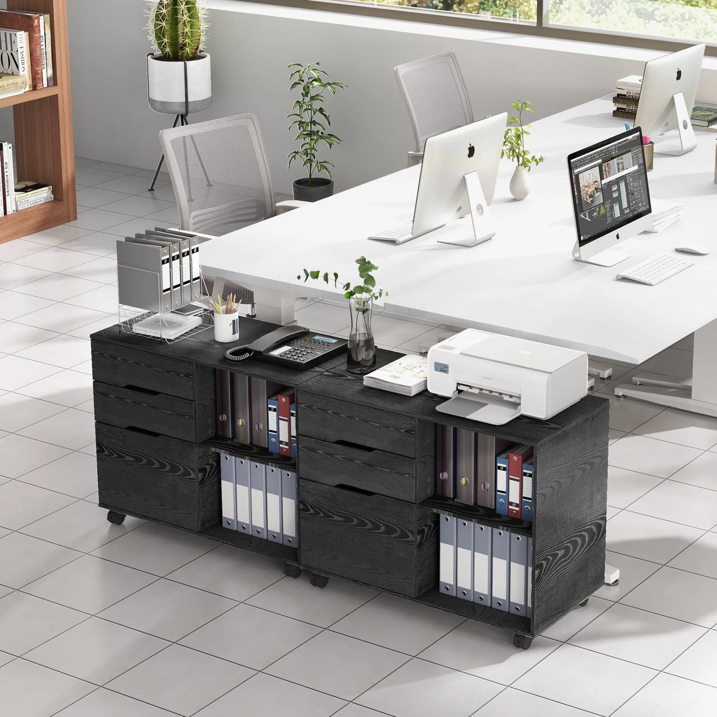 Rolling File Cabinet with Lock, 3-Drawer Wood File Cabinet for Home Office, Fits Legal/Letter/A4 Size, Printer Stand with Wheels and Open Storage Shelf, Black