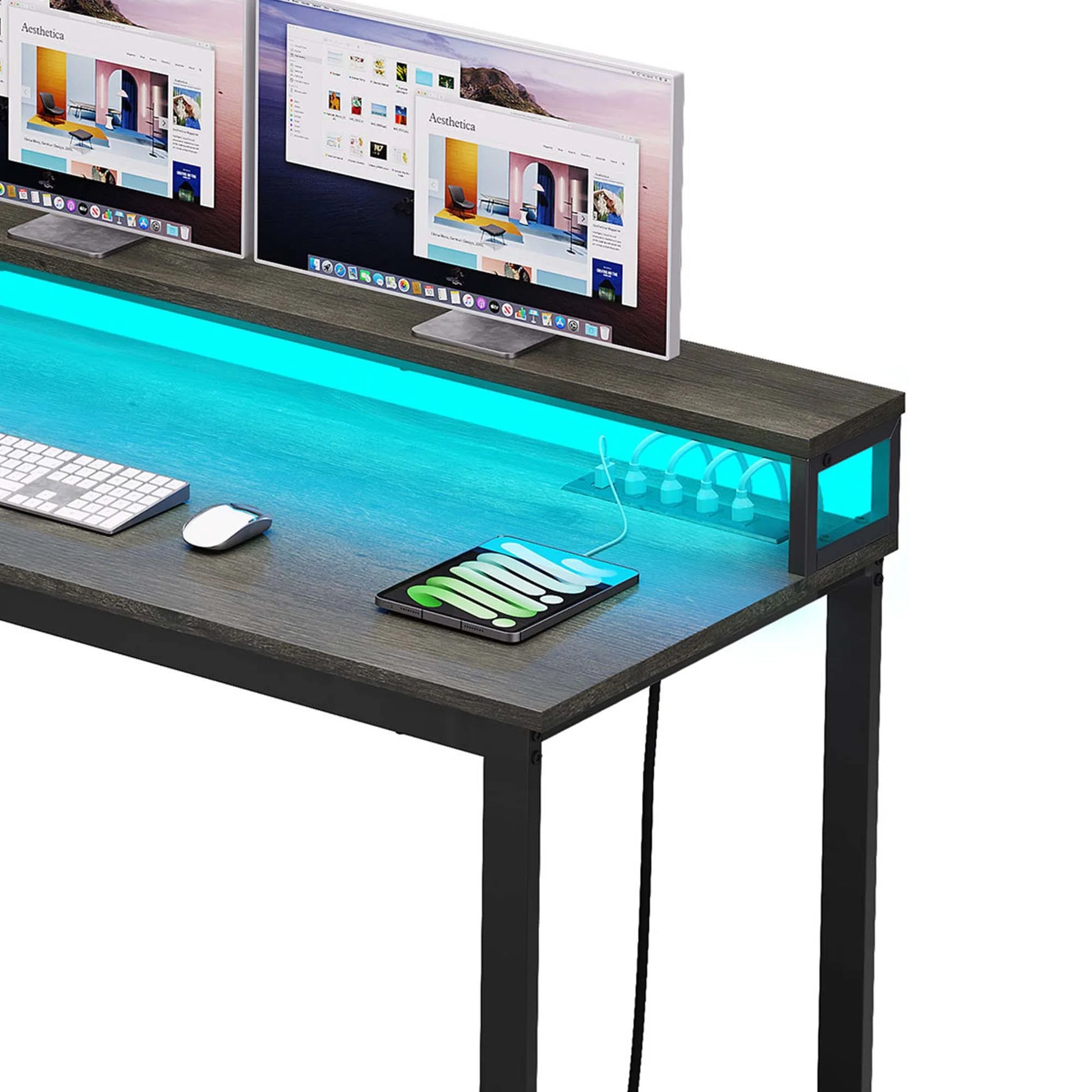 DWVO 55" L Shaped Desk with Power Outlets and Monitor Stand , Computer Desk with LED Light &File Cabinet, Corner Desk with 3 Drawers, White Modern Home Office Desk, Gray