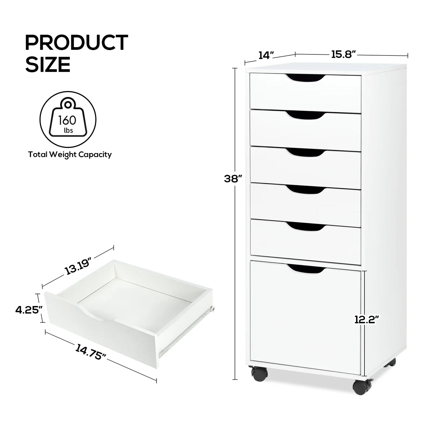 RichYa 5-Drawer Dresser with Caster Wheels, Chest of Drawers with Bottom Cabinet Storage,Storage Cabinet for Bedroom,Home Office (White)