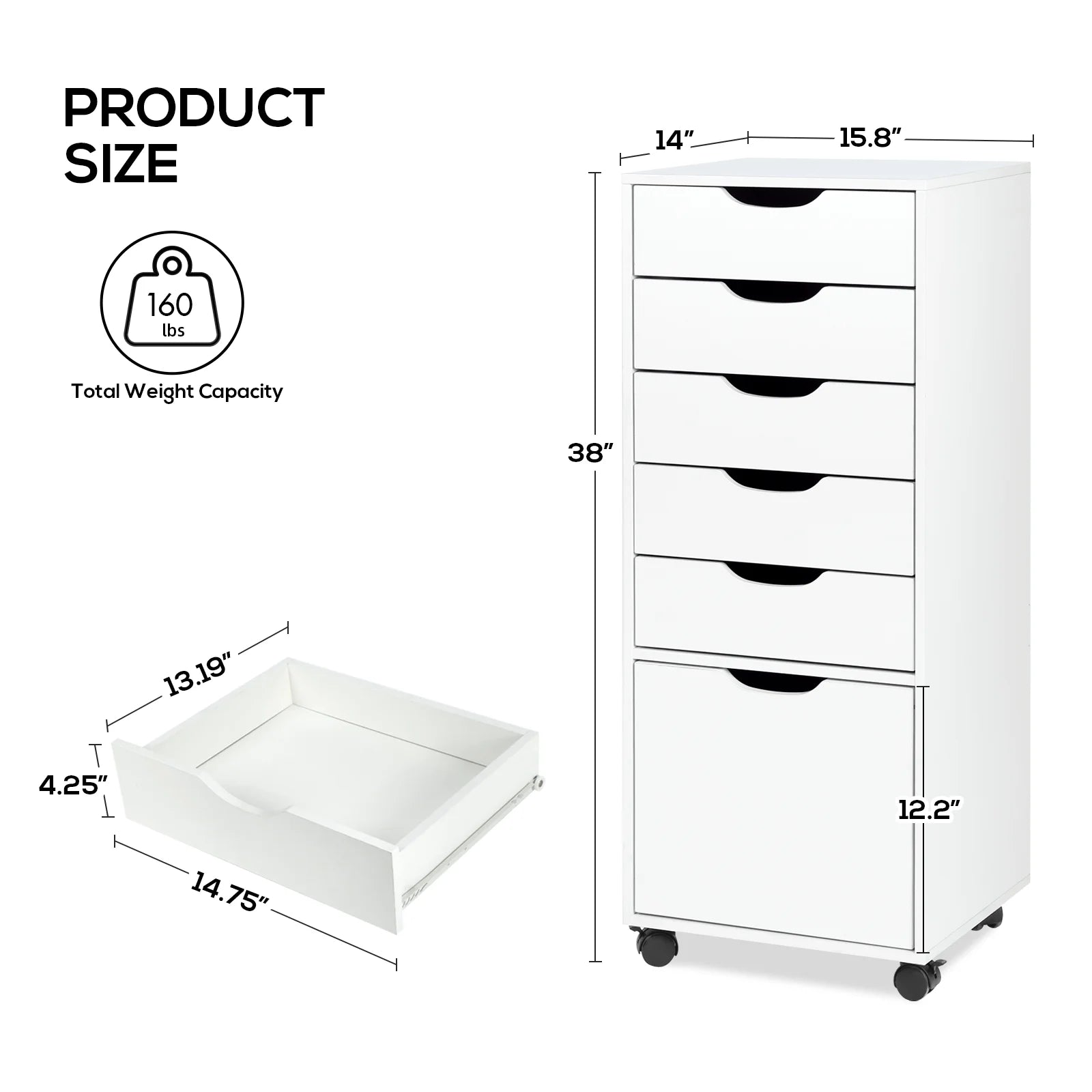 RichYa 5-Drawer Dresser with Caster Wheels, Chest of Drawers with Bottom Cabinet Storage,Storage Cabinet for Bedroom,Home Office (White)