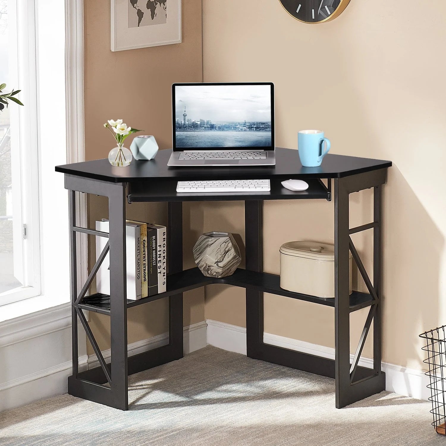 VECELO Corner Computer Desk with Keyboard Tray and Storage Shelf, Student Study Writting Table Workstation for College Dorm Apartment Home Office, Black (90 Degrees)