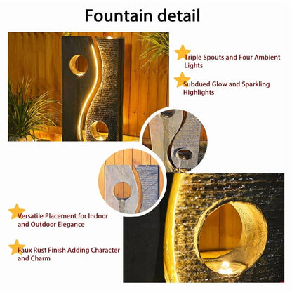 Water Feature Fountain Outdoor Garden Waterfall Faux Rust Finish with LED Lights for Patio Yard Pool Home Decor