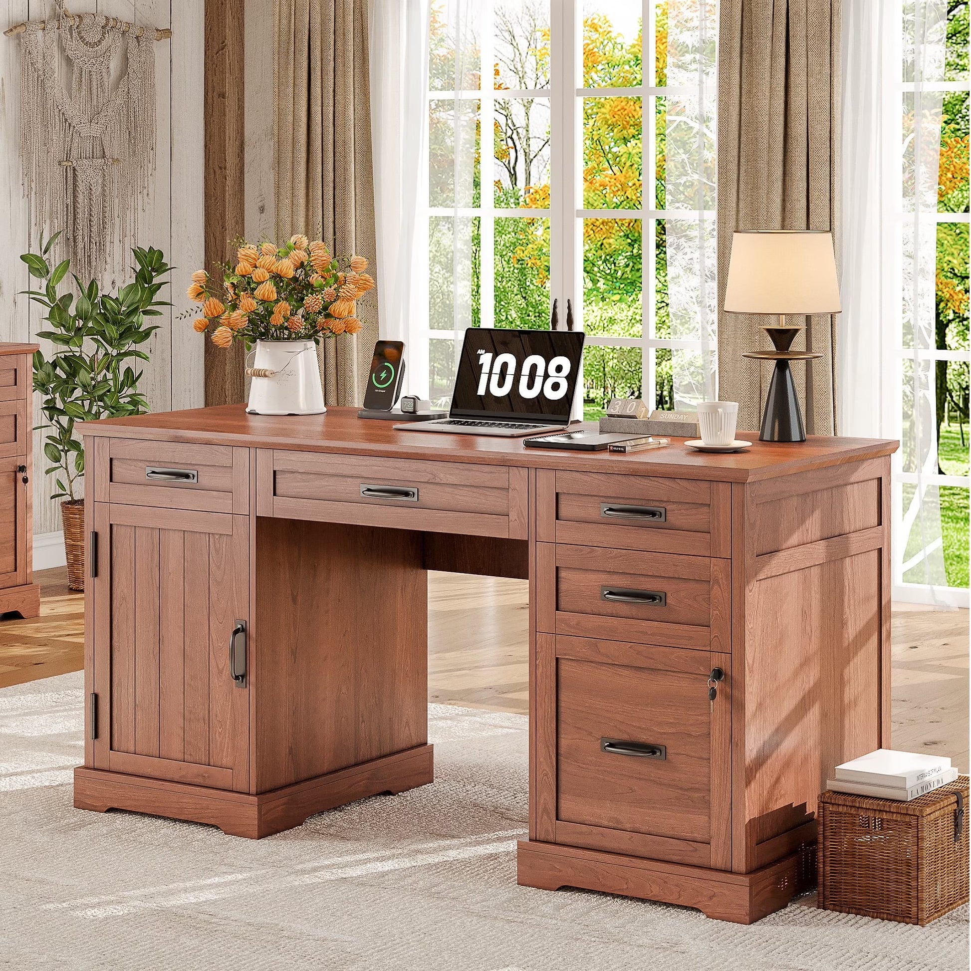 Whalefall 55 in Farmhouse Executive Desk with File Drawer for Adult Home Office, White