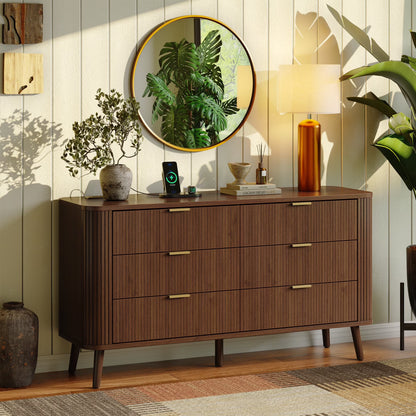Mid-Century Modern Bedroom Dresser, 57" Wide Fluted 6 Drawer Dresser, Wood Dresser with Curved Profile Design for Closet, Bedroom Living Room, Hallway, Entryway, Home Office (Walnut, 6 Drawers)