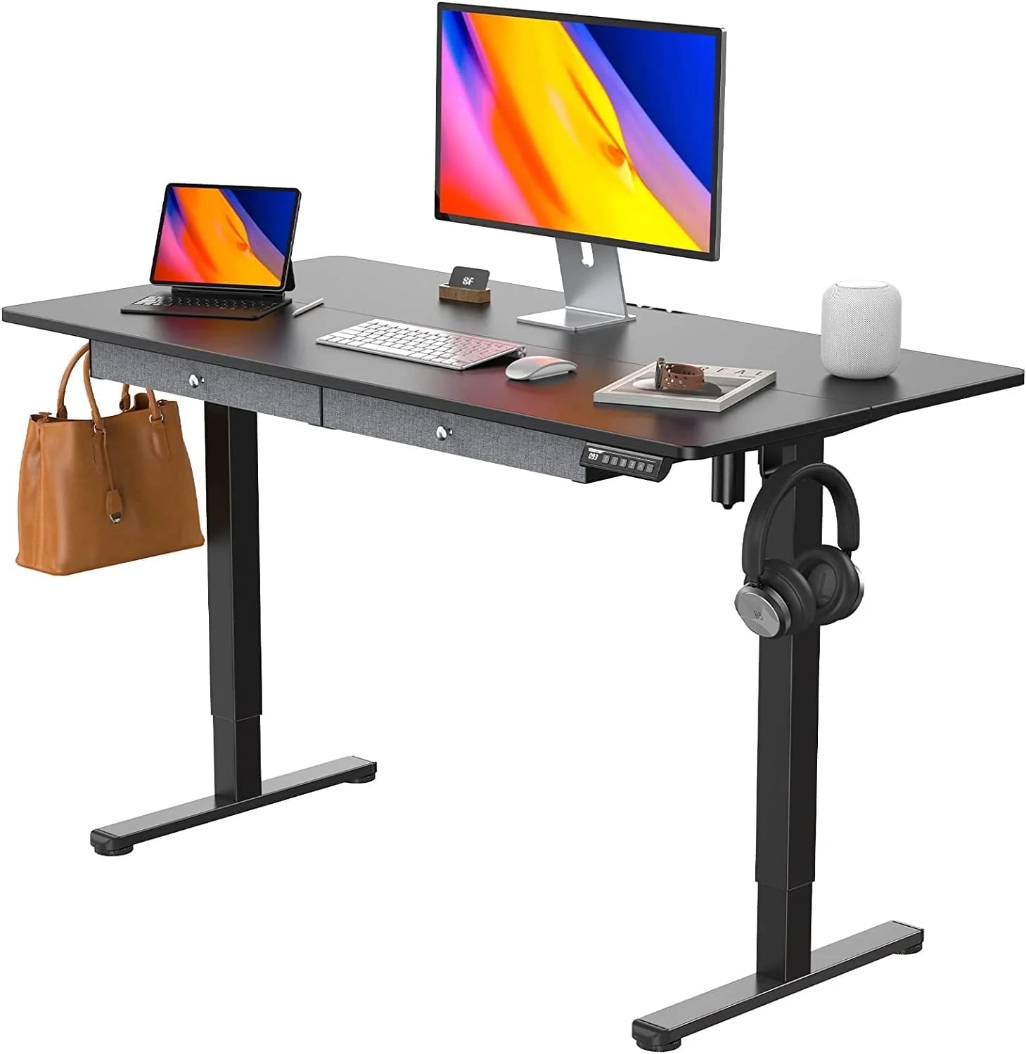 Kyspho Adjustable Height Electric Standing Desk with Double Drawers, 48x24 inches Sit Stand Up Desk Computer Workstation for Home Office, Black