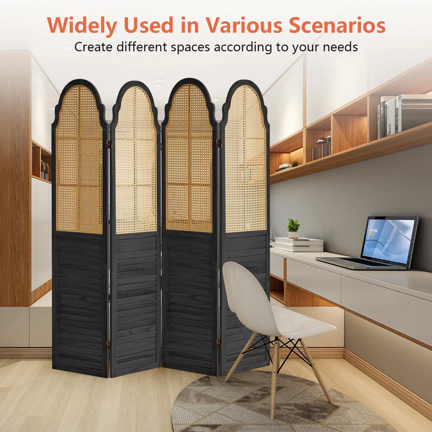 Aletheiawu 4 Panel Rattan Room Divider, Foldable Privacy Screen, No Installation Required, Black