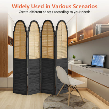 Aletheiawu 4 Panel Rattan Room Divider, Foldable Privacy Screen, No Installation Required, Black