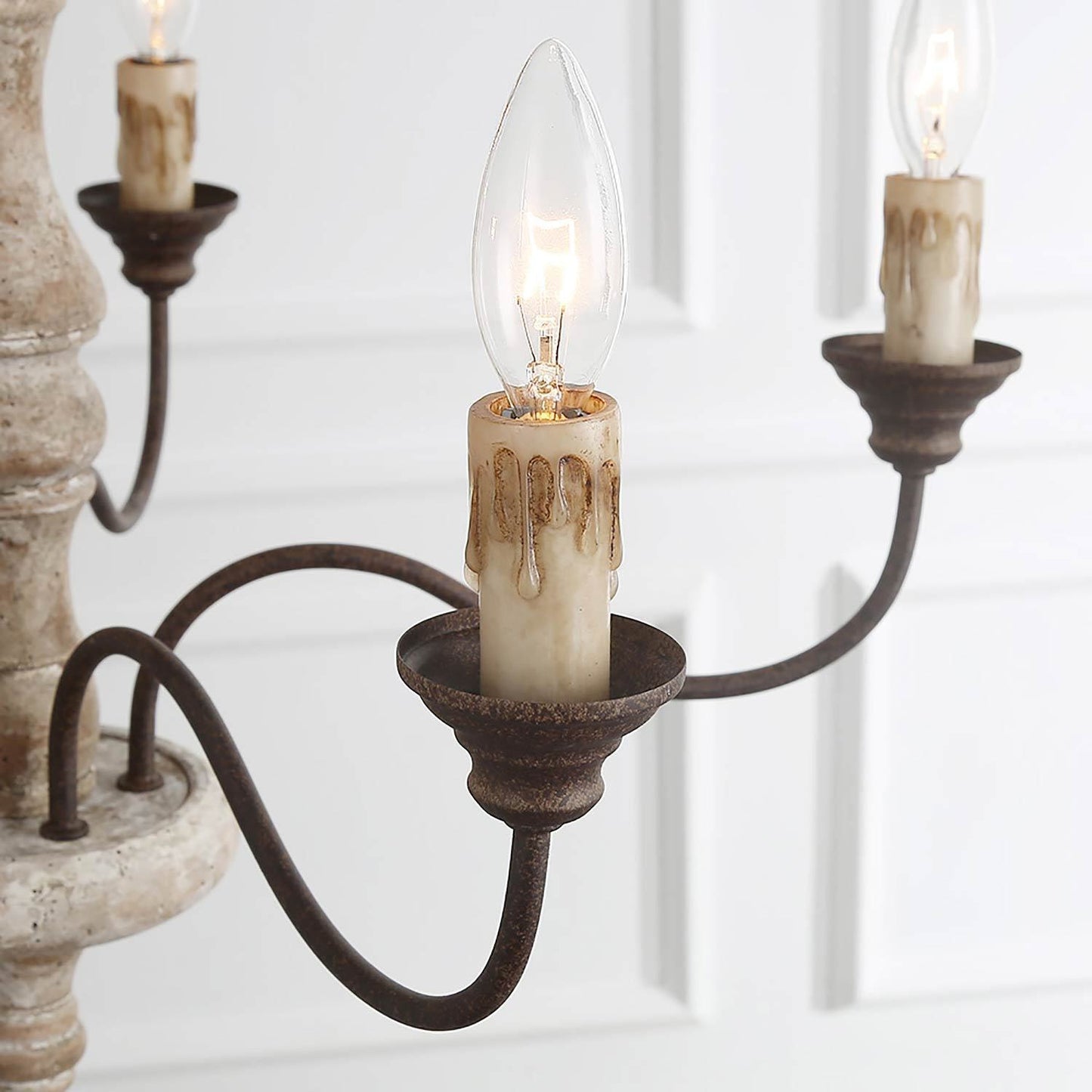 LNC 6-Light French Country Distressed Off-White Handmade Wood and Metal Candle Shape Chandelier