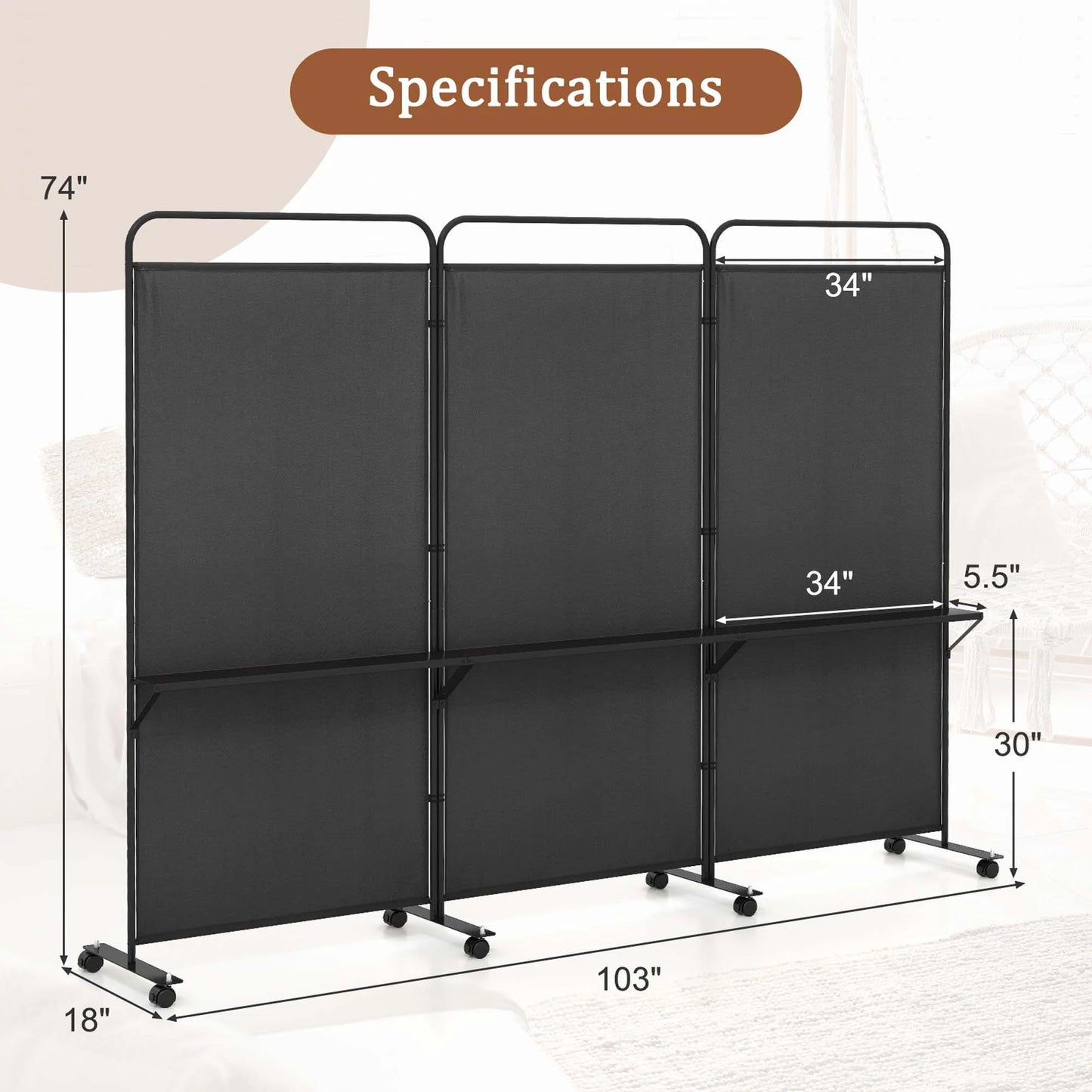 Costway 3-Panel Room Divider with Storage Shelves 6FT Tall Folding Privacy Screen on Wheels Black