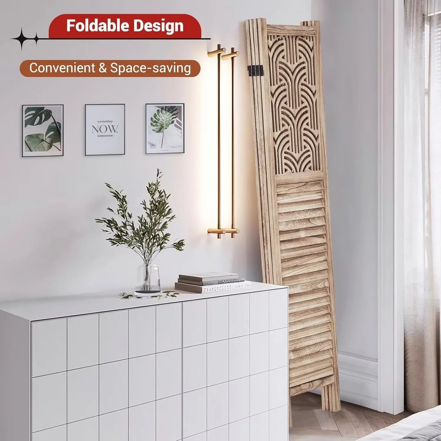 Garvee 4 Panel Wooden Room Dividers, 67" Tall Folding Portable Partition Privacy Screen, Free Assembled Freestanding Partition, Separators Divider Wall for Home Office