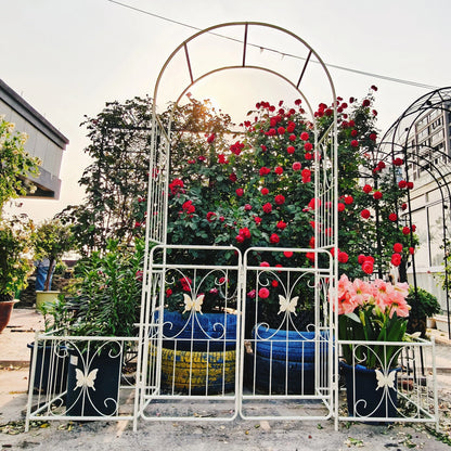 Garden Arch Metal Garden Arch with Gate 79.5'' Wide x 86.6'' High Climbing Plants Support Rose Arch Outdoor Cream White,Garden Trellis