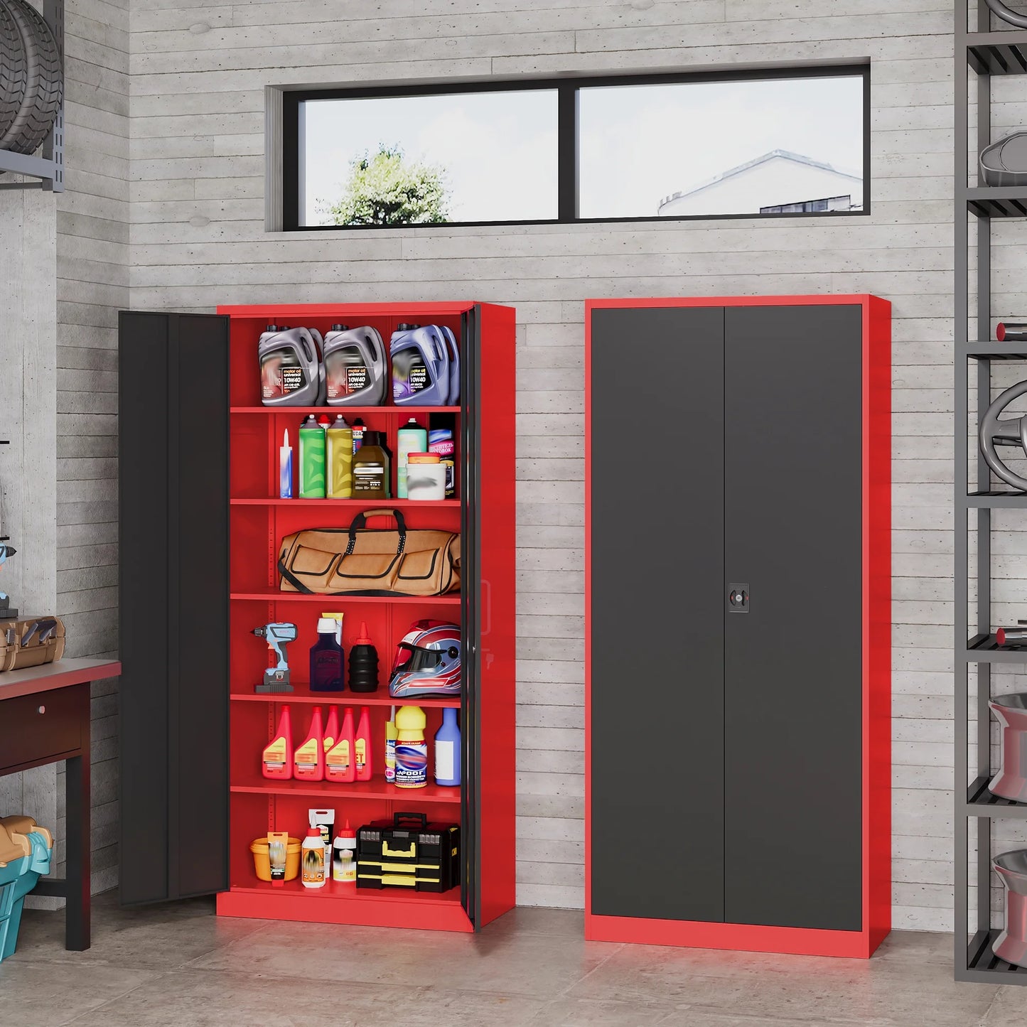 AUHUP 71" Metal Cabinet with 5 Adjustable Shelves, Garage Storage Cabinets with Locking Doors,Tool Storage Cabinet for Home Office,Warehouse,Workshop(Red Black)
