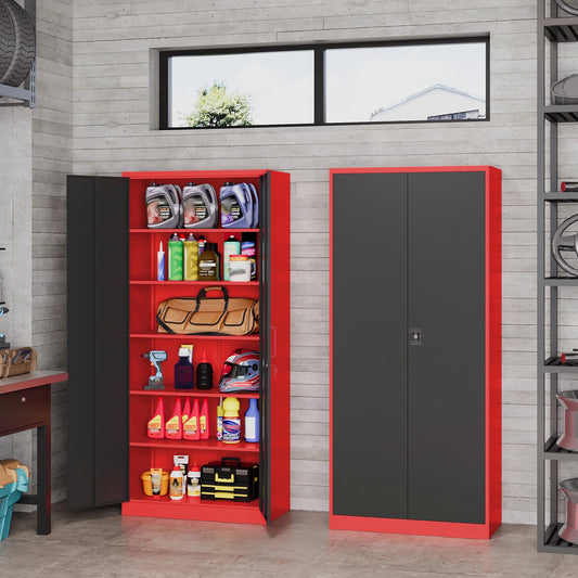 AUHUP 71" Metal Cabinet with 5 Adjustable Shelves, Garage Storage Cabinets with Locking Doors,Tool Storage Cabinet for Home Office,Warehouse,Workshop(Red Black)