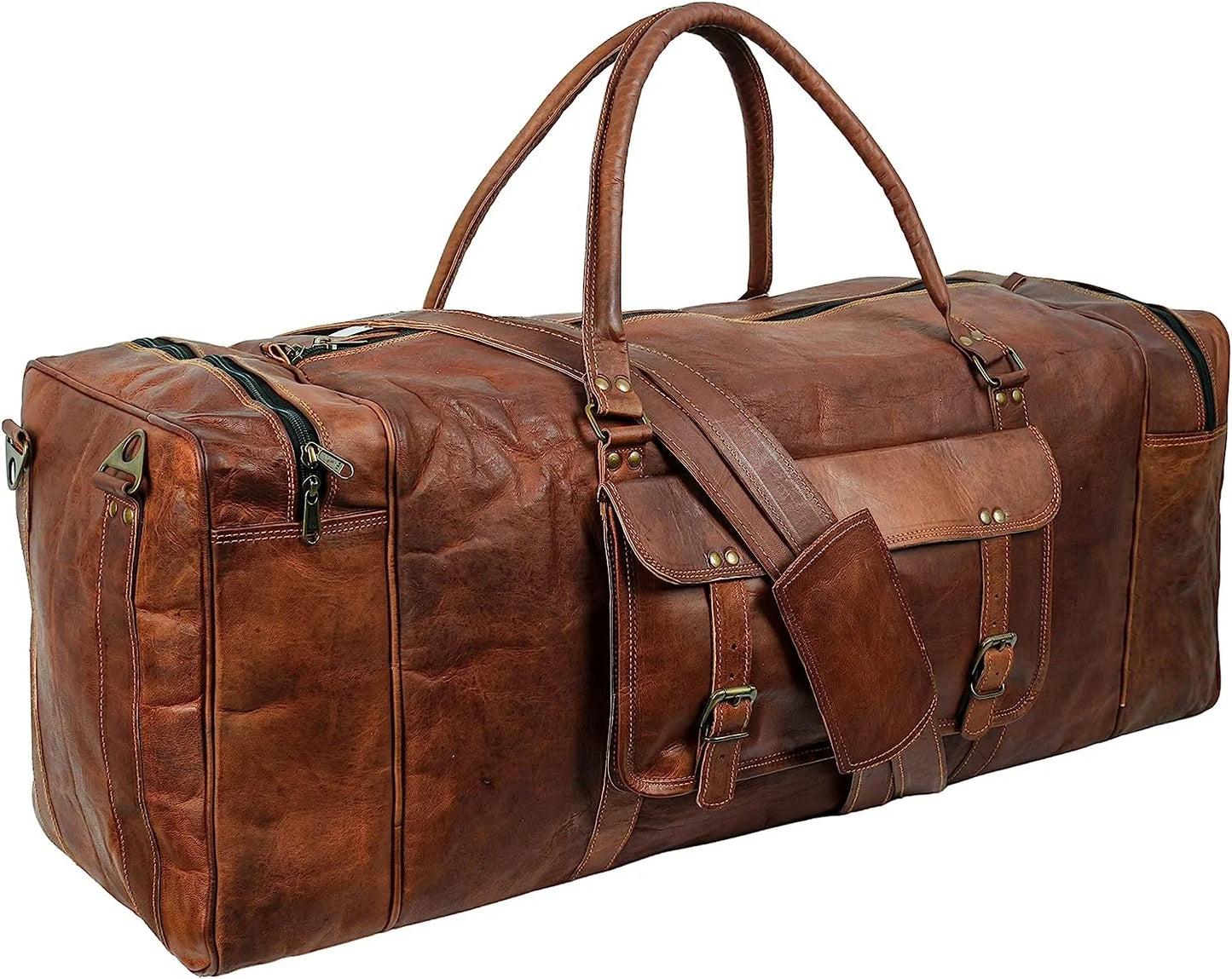 Leather Duffel Weekender Bags Inner Canvas Bag Overnight Travel Carry On Tote Bag Satchel with Adjustable Luggage Strap Sleeve for men & women