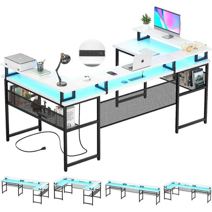 Homieasy U Shaped Desk with Power Outlet, 83 inch Reversible L-Shaped Gaming Desk with Monitor Stand and LED Strips, 2 Person Corner computer Desk with Storage Shelf for Home Office, Black