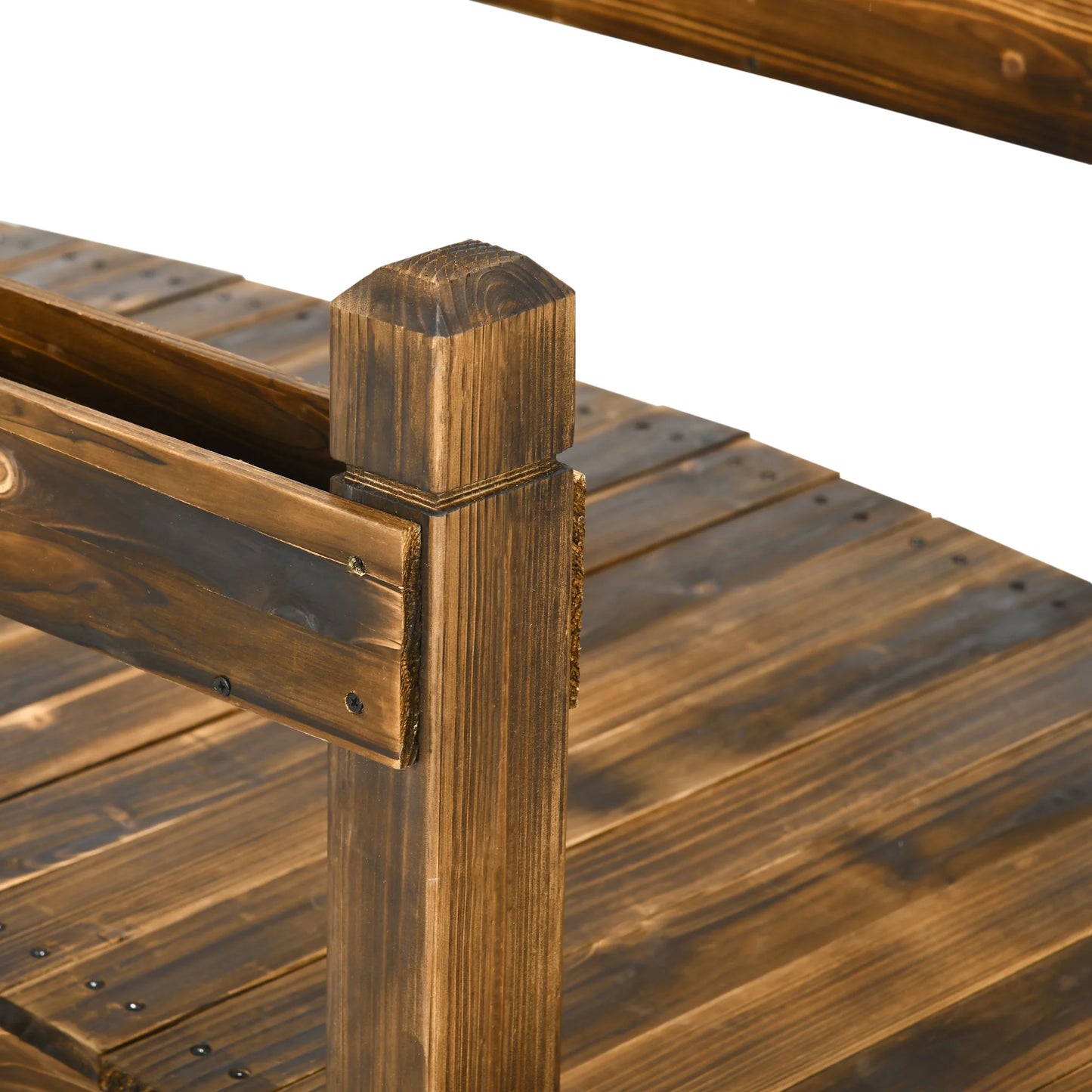 Homiyad 7.5' Wooden Garden Bridge with Planters on Safety Railings, Stained Finish Arc Footbridge for Backyards, Gardens and Streams