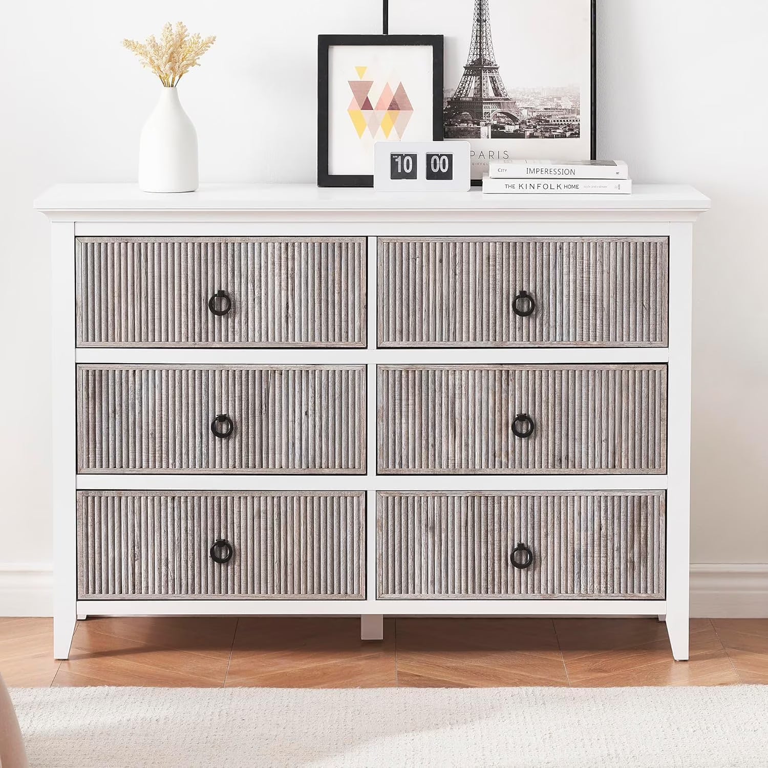 Homhougo White Dresser for Bedroom 6 Drawer, Wood Organizer Storage Cabinet with Gray Strip Drawer Door, Chest of Drawers for Closet, Living Room, Hallway, Nursery, Kids Bedroom